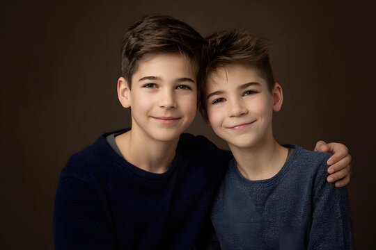 Cheerful half-brothers in cozy studio, happy smiles, relaxed look, showing family love.