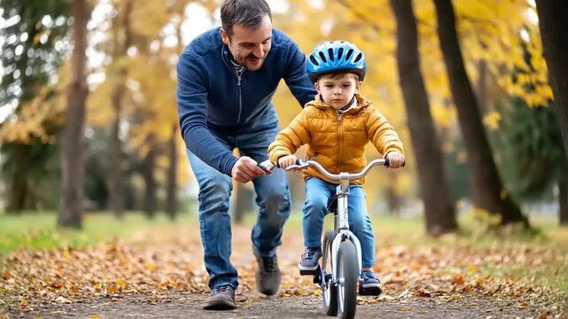 Father teaching son to ride a balance bike in autumn park