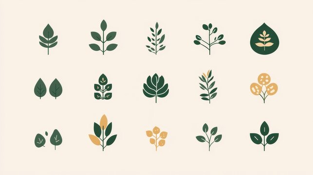 a nature-inspired collection of botanical symbols, featuring abstract floral elements, geometric leaf designs, and stylized tree silhouettes in a two-tone green palette each icon is crafted in a flat