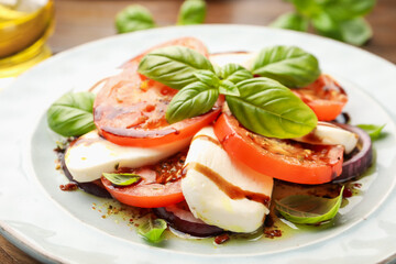 Tasty salad Caprese with mozzarella, tomatoes, basil and spices on table, closeup