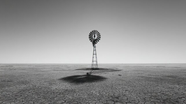 Black and white photo of a lone windmill in a cracked, arid, deserted landscape - Powered by Adobe
