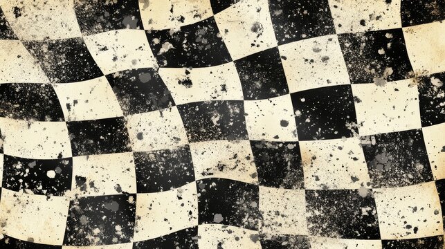 a high-resolution distressed racing flag background, featuring a monochromatic checkered pattern with an aged and weathered texture the edges of the checkers fade into an abstract white space, with