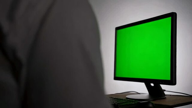 A person using computer with green screen animated chromakey background movement gesture style elements depth cartoonish design emotion creative scene layers motion figure composition