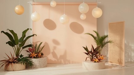 Fototapeta premium Modern interior design with tropical plants, beige backdrop, and hanging spherical lights