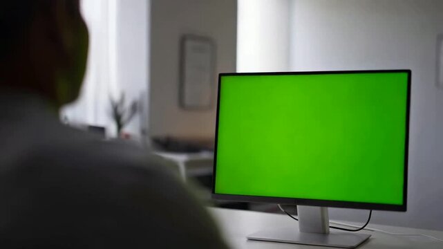A man sitting in front of computer with green screen animated chromakey background illustration emotion design colorful gesture style creative movement scene depth backgrounds frame