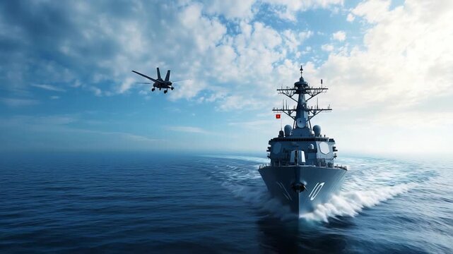 A frigate ship deploys an unmanned aerial vehicle to orbit and track movements, enabling real-time command visualization.