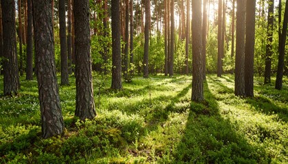 Fototapeta premium Sunlight filters through a pine forest