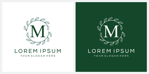 Initial letter M cosmetic spa and fashion logo design, serif font symbol icon, green leaf organic graphic vector