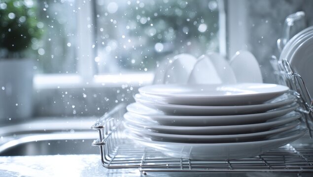Stack of clean white plates drying on a wire rack creates a sense of order and domestic tranquility after a meal.