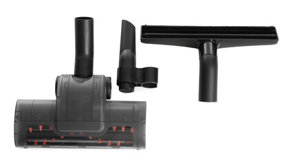 Vacuum cleaner parts on white background, top view