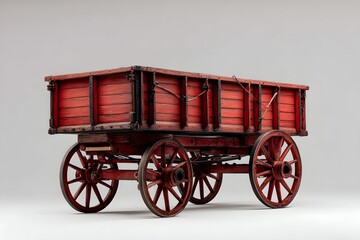 Fototapeta premium Rustic red wagon with a sturdy wooden frame, lies on a neutral background.