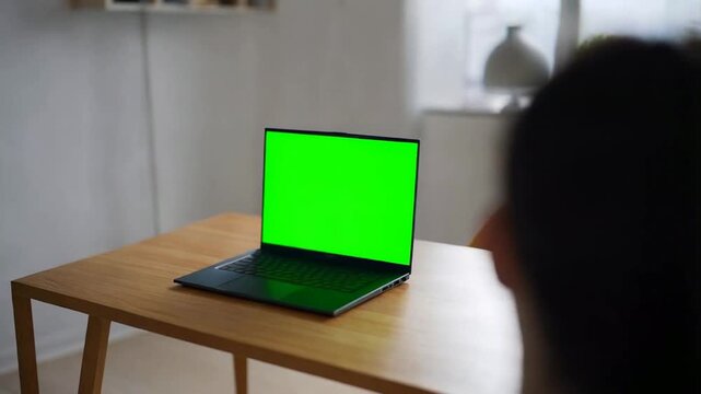 A person sitting at table with laptop green screen animated chromakey background colorful elements backgrounds gesture scene movement expression composition illustration emotion layers