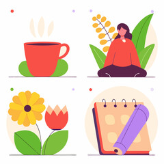 Mindfulness and Self Care Vector Illustration with Meditation Tea Flowers and Planning