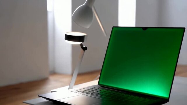 A laptop with green screen sitting on table animated chromakey background depth design composition scene cartoonish creative emotion frame gesture elements backgrounds layers style
