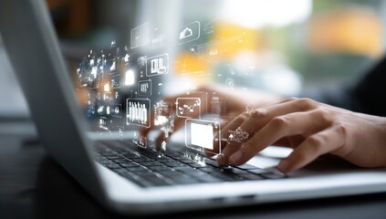 Hands type on a laptop keyboard surrounded by glowing data visualizations representing modern communication and digital information flow.