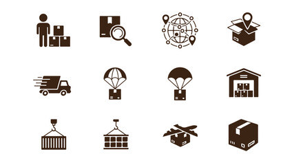Naklejka premium A set of logistics icons depicting shipping, delivery, global network, and warehousing, all in a simple, dark brown color scheme.