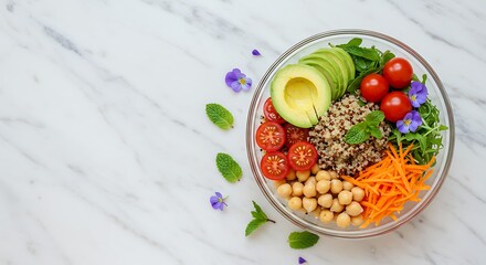 Healthy Buddha Bowl With Avocado Chickpeas Quinoa Vegetables On Marble