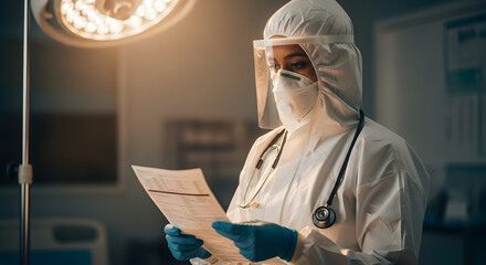 A healthcare worker, dressed in full Personal Protective Equipment (PPE) including a hazmat suit, face shield, and mask, is focused on reviewing documents.