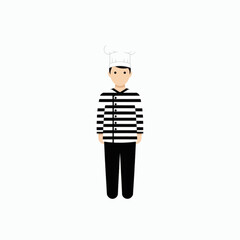 Simple cartoon illustration of a chef in a striped uniform.