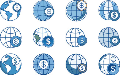 Vector illustrations of various globe icons representing global business and financial concepts.