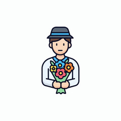 Man in a hat holding a colorful bouquet of flowers, presented in a cartoon style illustration.