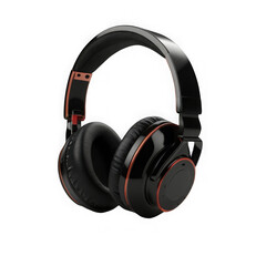 Photo of black overear headphones with red accents isolated on transparent background