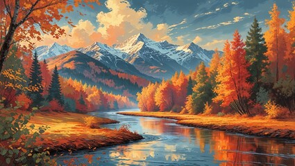 Scenic autumn landscape with colorful trees, a winding river, and snow-capped mountains under a vibrant sky