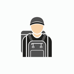 Simple icon of a person wearing a backpack and cap, likely for a hiking or travel app.