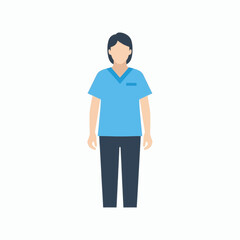 A full body illustration of a healthcare worker wearing blue scrubs and dark pants, standing with a neutral expression.