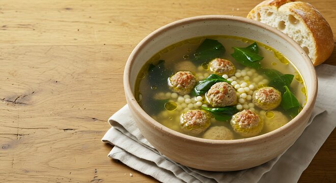 Italian Wedding Soup With Meatballs And Spinach In Bowl Rustic