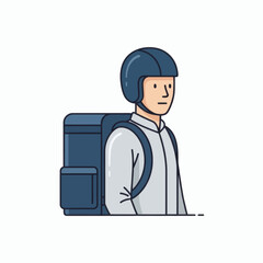 A man in a helmet with a backpack, ready for travel or adventure.