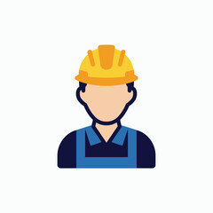 Construction worker icon, simplified avatar, hard hat, blue overalls.