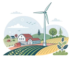 Flat vector illustration of a wind turbine beside a green farm landscape — clean mix of agriculture, renewable energy, and sustainable rural development for eco-friendly and future-driven visuals
