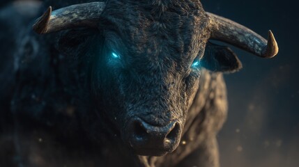 realistic bull charging from side with glowing blue eyes and fierce energy