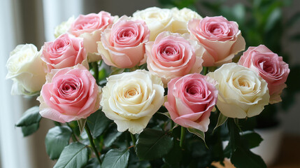 Fototapeta premium Bouquet of pink and white roses in full bloom creates romantic and elegant atmosphere. soft petals and lush green leaves add touch of natural beauty, perfect for any occasion