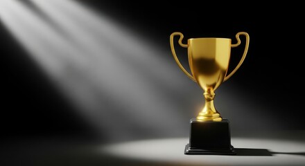 Golden trophy on black pedestal illuminated by dramatic spotlight rays award prize