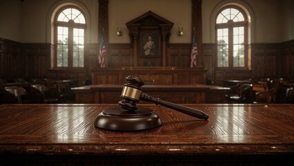 Wooden gavel on a judge's desk in an empty courtroom with American flags and wooden interior design