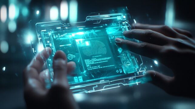 a close-up view of a person interacting with a floating holographic identity verification system in a sleek, dark futuristic setting the translucent digital id card projects dynamic security elements