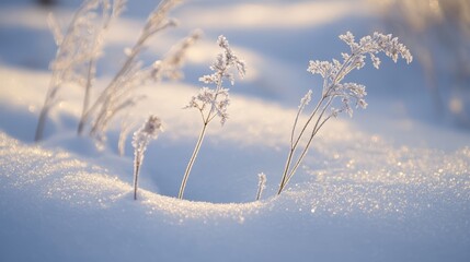 wisps of dried grasses and seed heads coated in a thin layer of frost emerge from the snow-covered ground, their slender, curving stems forming elegant arcs the ice crystals catch the ambient light,