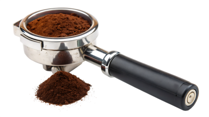    espresso portafilter filled with ground coffee isolated on white background PNG, AI GENERATED
