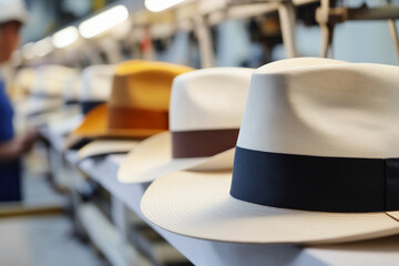 Close-up view of intricate hat making process in workshop Generative AI