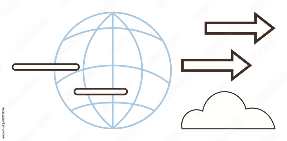 Poster globe with horizontal lines, arrows moving towards a cloud. ideal for data transfer, cloud computing