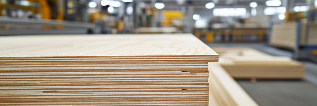 Close-up view of plywood stacked in a woodworking workshop Generative AI - Powered by Adobe
