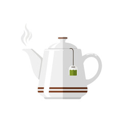 Obraz premium White Teapot Steaming with Green Tea Bag on White Background