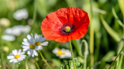 Close-up of a vibrant red poppy flower with delicate petals in a lush green field showcases