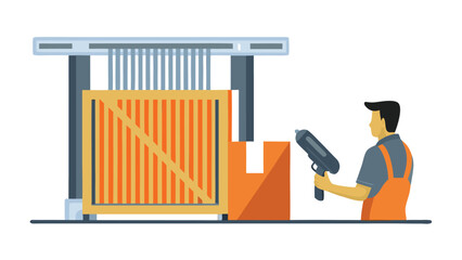 A worker scans a wooden crate on a conveyor belt with a handheld scanner in a warehouse setting shown