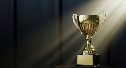 Golden trophy on dark background with dramatic light rays award winner