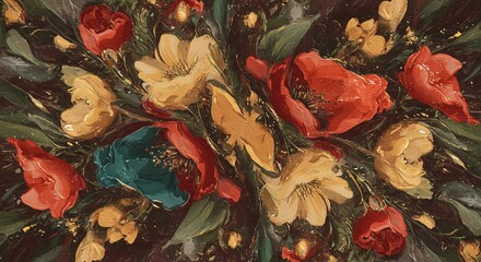 Floral Oil Painting Red, Yellow Flowers and Green Leaves on Dark Background