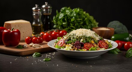 Fresh Colorful Salad with Tomatoes and Cheese Still Life