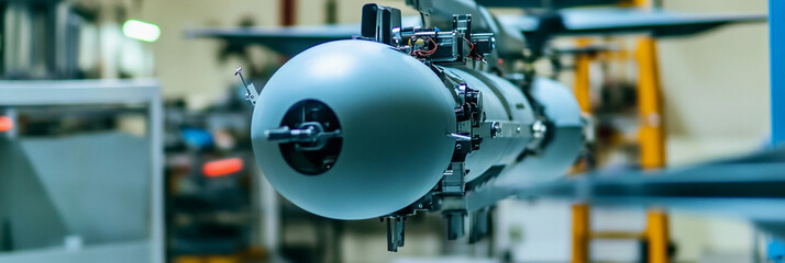 Close-up of military precision-guided munition in workshop Generative AI